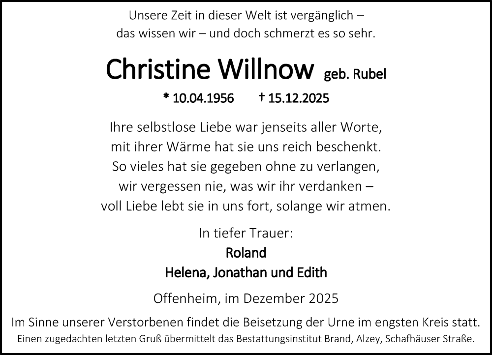  Traueranzeige für Christine Willnow vom 20.12.2025 aus Allgemeine Zeitung Alzey