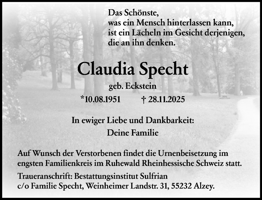  Traueranzeige für Claudia Specht vom 06.12.2025 aus Rüsselsheimer Echo