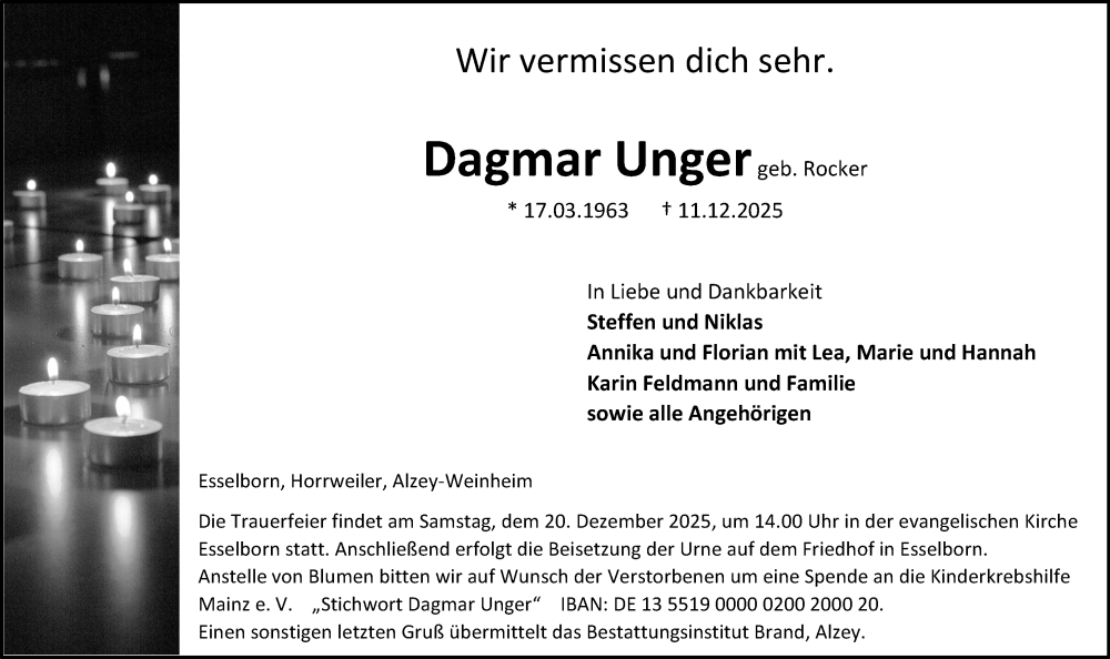  Traueranzeige für Dagmar Unger vom 17.12.2025 aus Allgemeine Zeitung Alzey