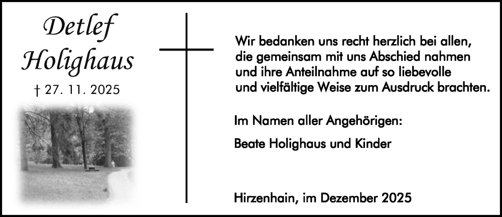  Traueranzeige für Detlef Holighaus vom 20.12.2025 aus Dill Block