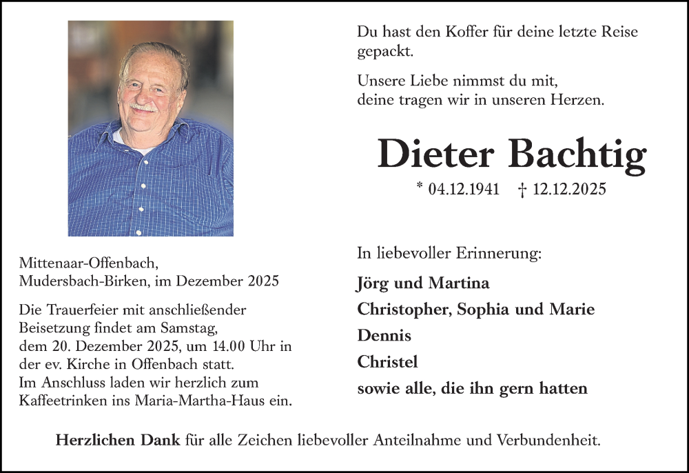  Traueranzeige für Dieter Bachtig vom 17.12.2025 aus Dill Block