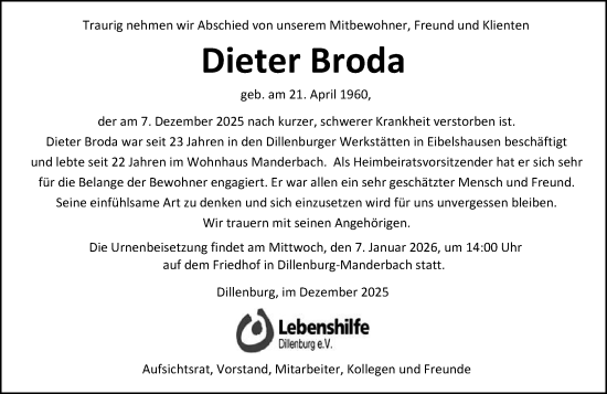 Traueranzeige von Dieter Broda von Dill Block