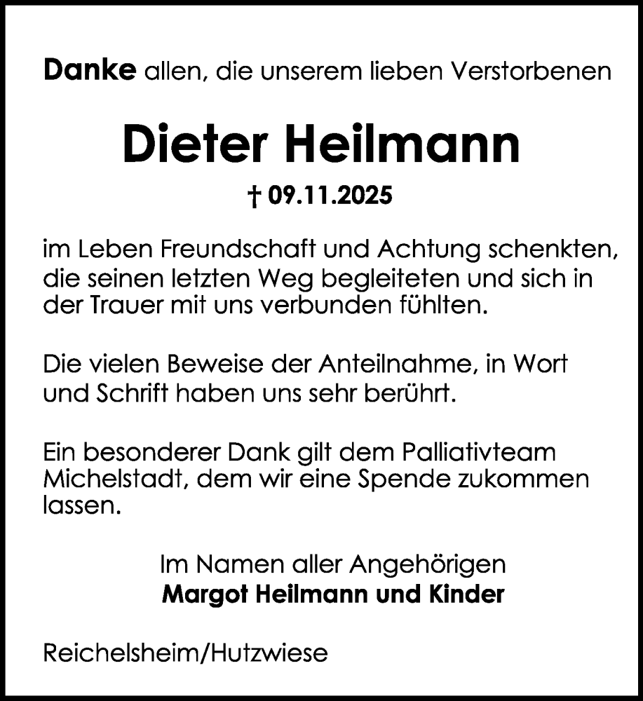  Traueranzeige für Dieter Heilmann vom 13.12.2025 aus Odenwälder Echo