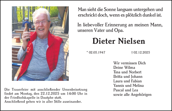 Traueranzeige von Dieter Nielsen von Hinterländer Anzeiger