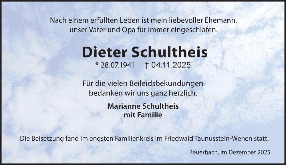  Traueranzeige für Dieter Schultheis vom 20.12.2025 aus Idsteiner Land/Untertaunus