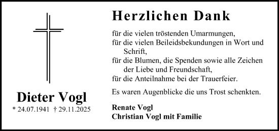 Traueranzeige von Dieter Vogl von Allgemeine Zeitung Mainz