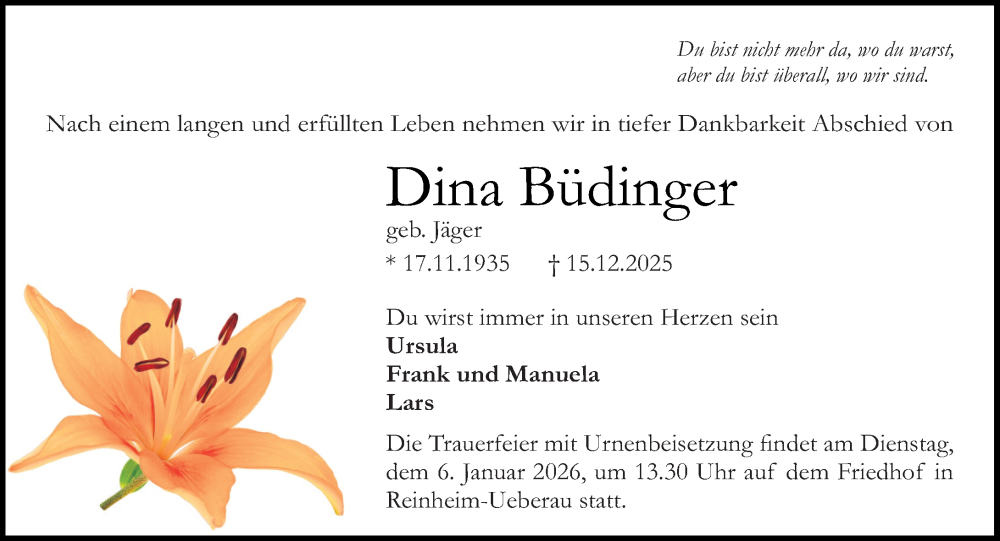  Traueranzeige für Dina Büdinger vom 27.12.2025 aus Darmstädter Echo