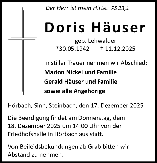 Traueranzeige von Doris Häuser von Dill Block