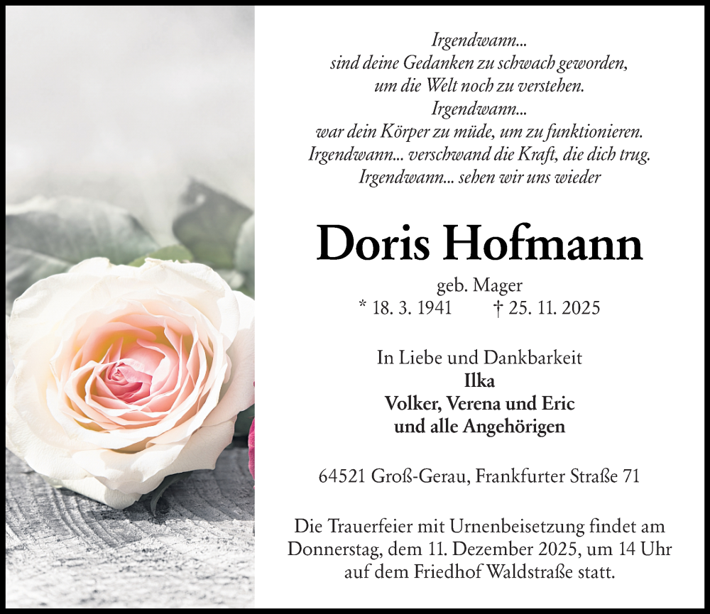  Traueranzeige für Doris Hofmann vom 06.12.2025 aus Groß-Gerauer Echo