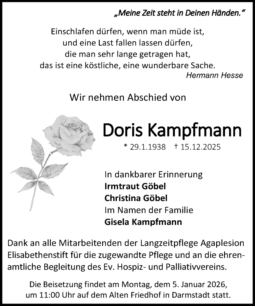  Traueranzeige für Doris Kampfmann vom 20.12.2025 aus Darmstädter Echo