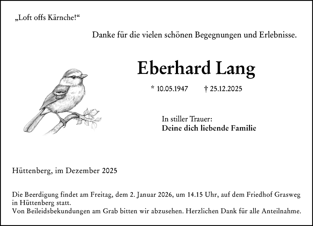  Traueranzeige für Eberhard Lang vom 30.12.2025 aus Wetzlarer Neue Zeitung