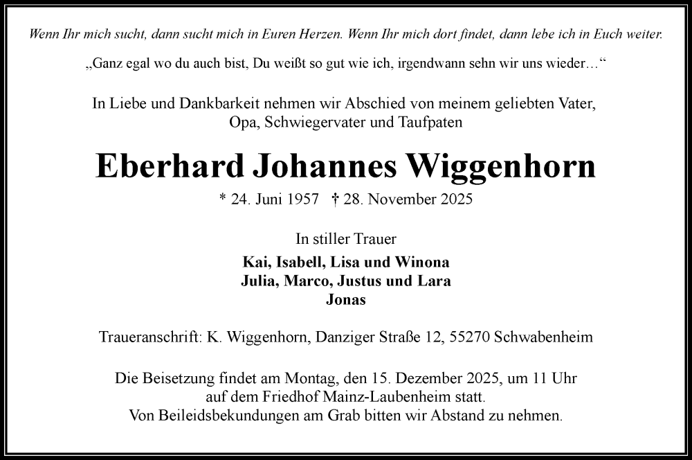  Traueranzeige für Eberhard Johannes Wiggenhorn vom 06.12.2025 aus Allgemeine Zeitung Mainz