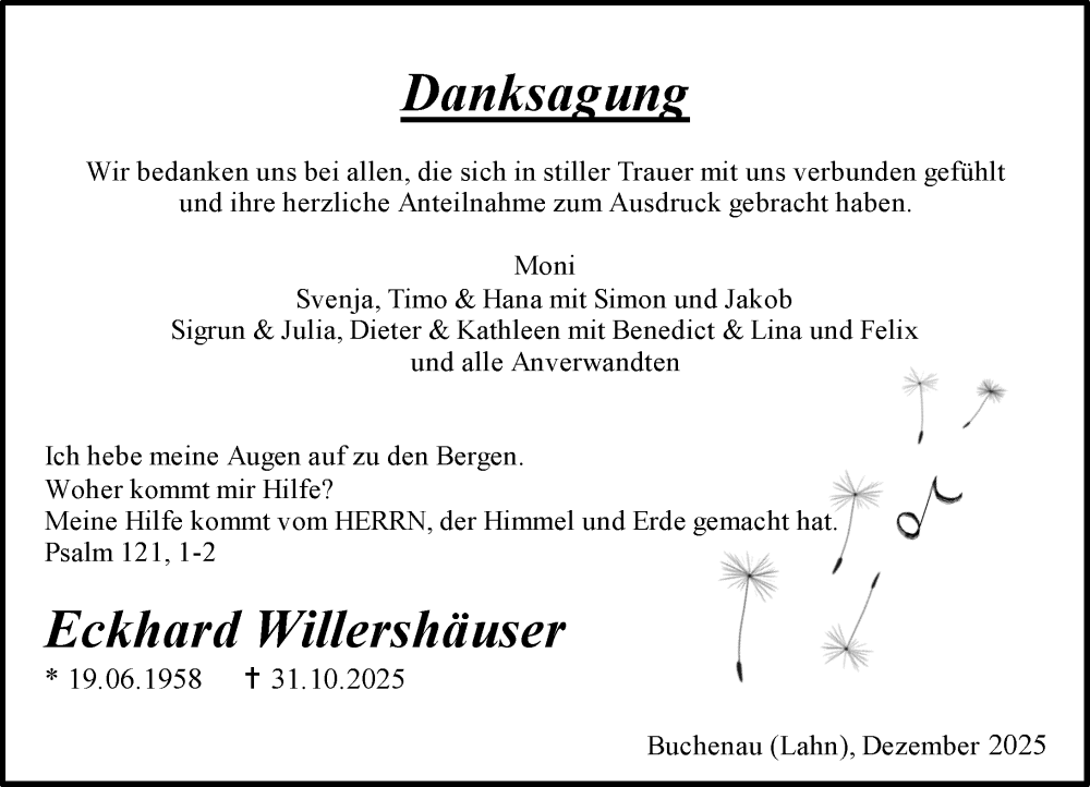  Traueranzeige für Eckhard Willershäuser vom 13.12.2025 aus Hinterländer Anzeiger