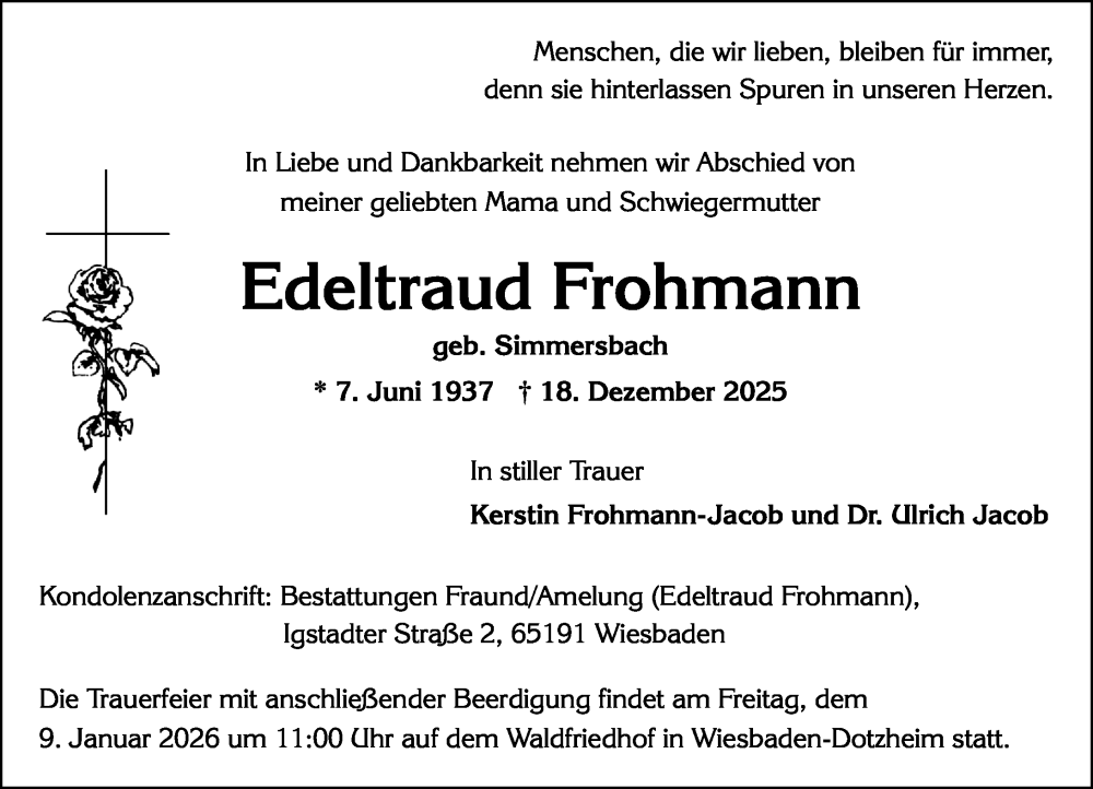  Traueranzeige für Edeltraud Frohmann vom 27.12.2025 aus Wiesbadener Kurier