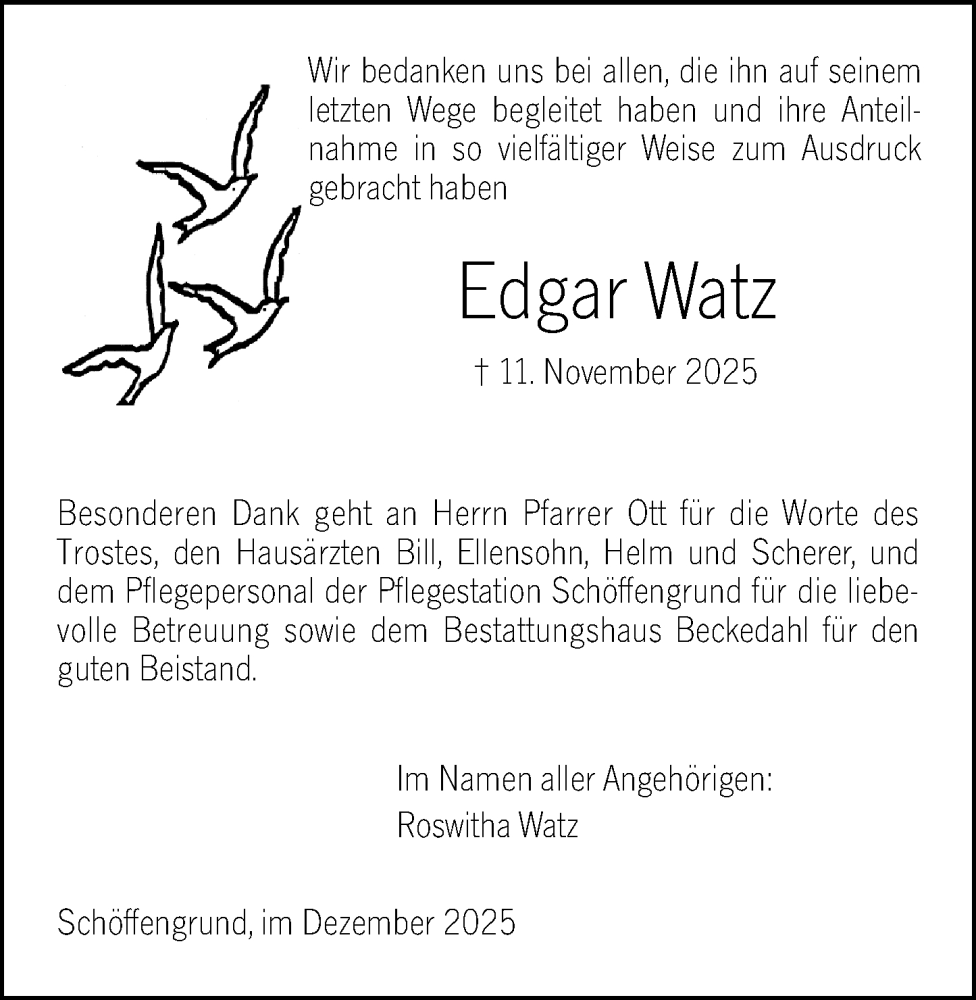  Traueranzeige für Edgar Watz vom 29.12.2025 aus Wetzlarer Neue Zeitung