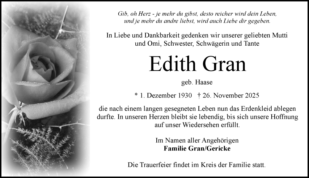  Traueranzeige für Edith Gran vom 06.12.2025 aus Wiesbadener Kurier