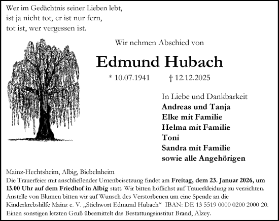 Traueranzeige von Edmund Hubach von Allgemeine Zeitung Mainz