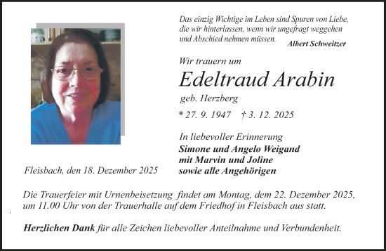 Traueranzeige von Edeltraud Arabin von Dill Block
