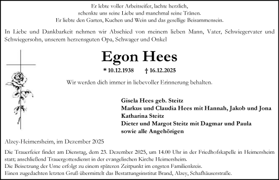 Traueranzeige von Egon Hees von Allgemeine Zeitung Alzey