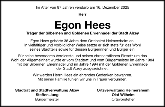Traueranzeige von Egon Hees von Allgemeine Zeitung Alzey