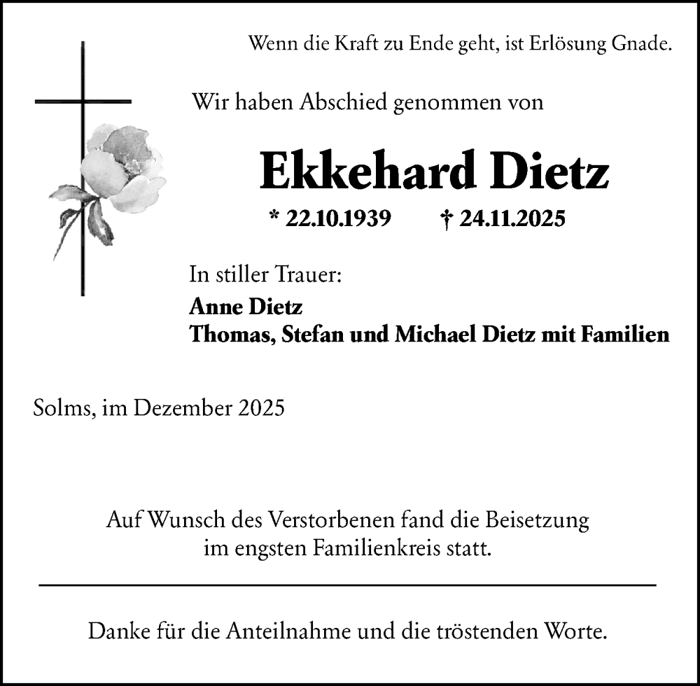  Traueranzeige für Ekkehard Dietz vom 05.12.2025 aus Wetzlarer Neue Zeitung