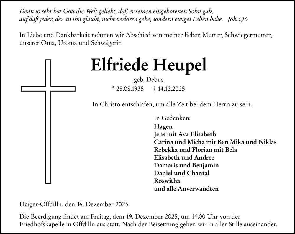  Traueranzeige für Elfriede Heupel vom 16.12.2025 aus Dill Block