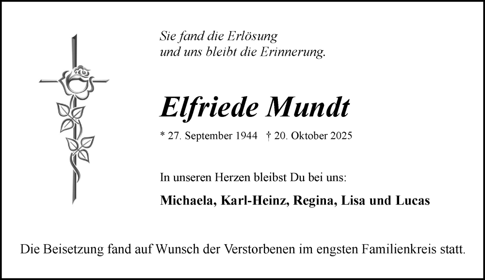  Traueranzeige für Elfriede Mundt vom 20.12.2025 aus Rüsselsheimer Echo