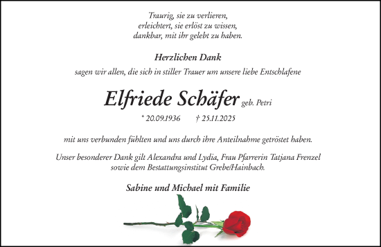 Traueranzeige von Elfriede Schäfer von Hinterländer Anzeiger