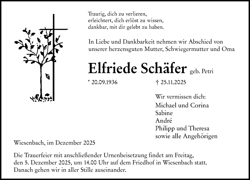  Traueranzeige für Elfriede Schäfer vom 02.12.2025 aus Hinterländer Anzeiger