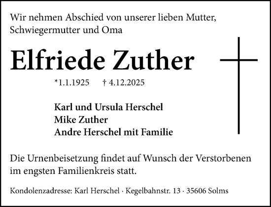 Traueranzeige von Elfriede Zuther von Wetzlarer Neue Zeitung