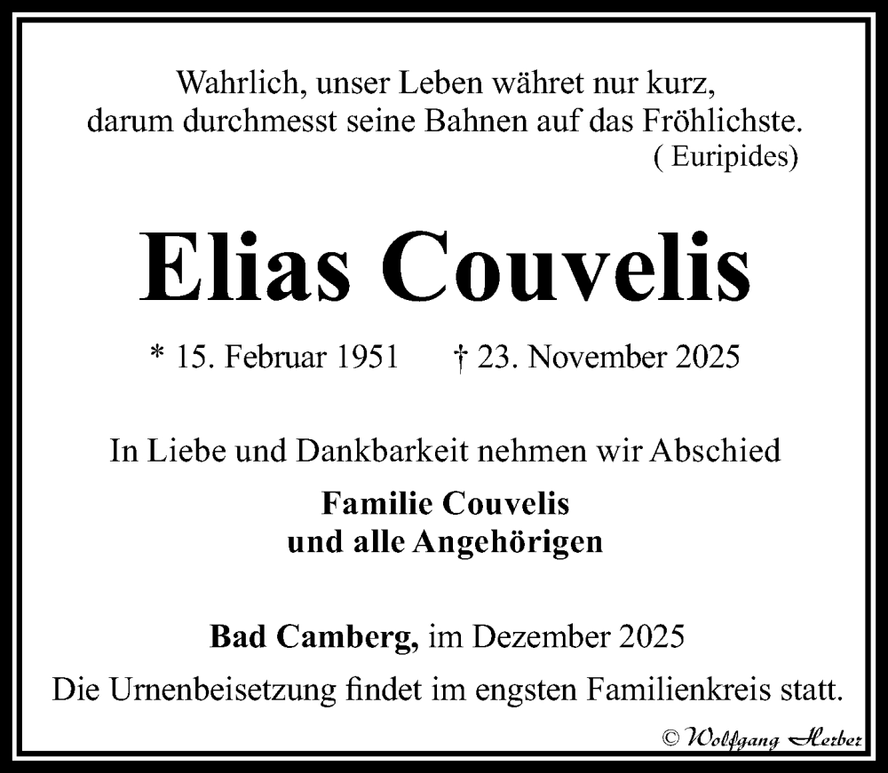  Traueranzeige für Elias Couvelis vom 04.12.2025 aus Camberger Anzeiger