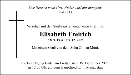 Traueranzeige von Elisabeth Freirich von Allgemeine Zeitung Mainz