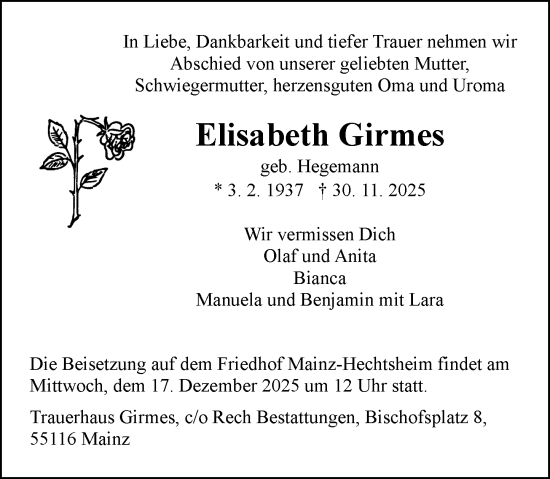 Traueranzeige von Elisabeth Girmes von Allgemeine Zeitung Mainz