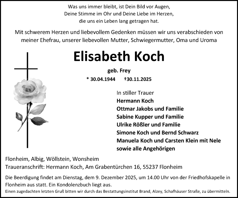  Traueranzeige für Elisabeth Koch vom 06.12.2025 aus Allgemeine Zeitung Alzey