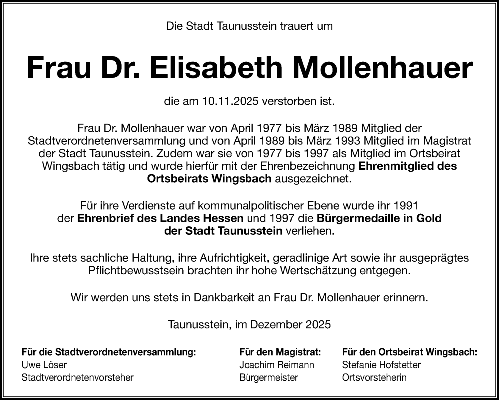 Traueranzeige für Elisabeth Mollenhauer vom 06.12.2025 aus Idsteiner Land/Untertaunus