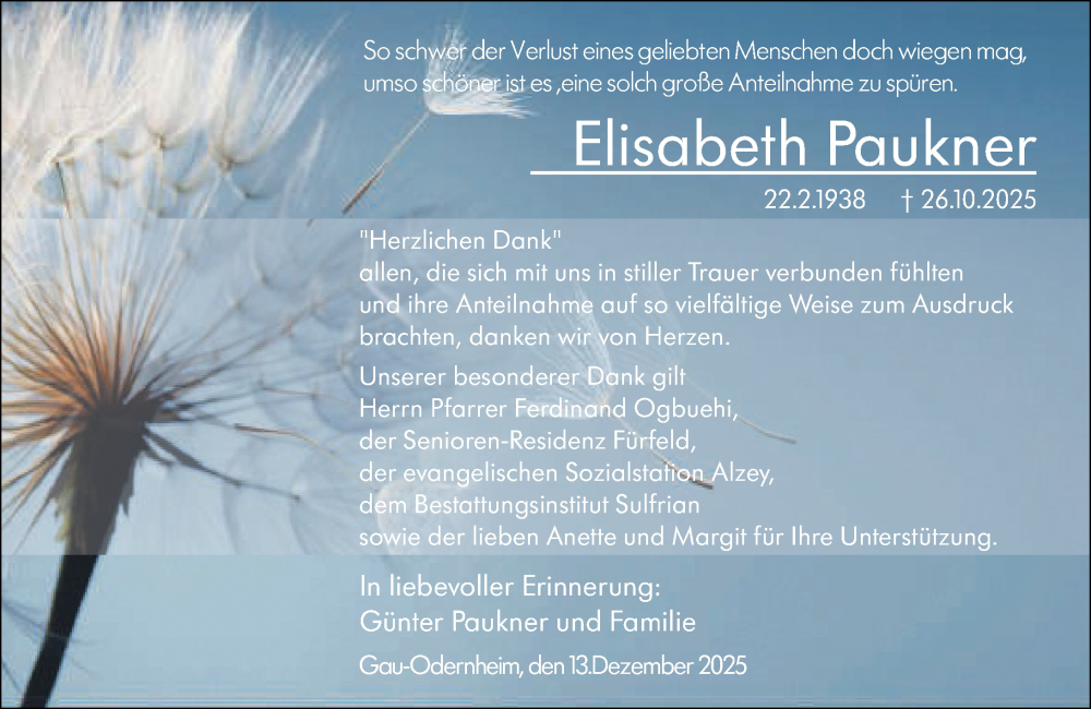  Traueranzeige für Elisabeth Paukner vom 13.12.2025 aus Allgemeine Zeitung Alzey