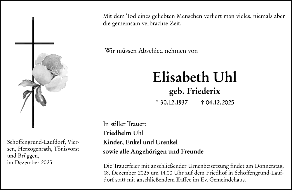 Traueranzeige für Elisabeth Uhl vom 13.12.2025 aus Wetzlarer Neue Zeitung