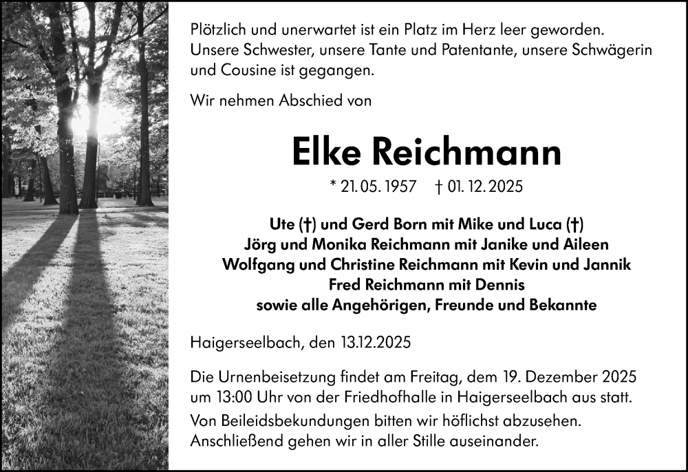  Traueranzeige für Elke Reichmann vom 13.12.2025 aus Dill Block