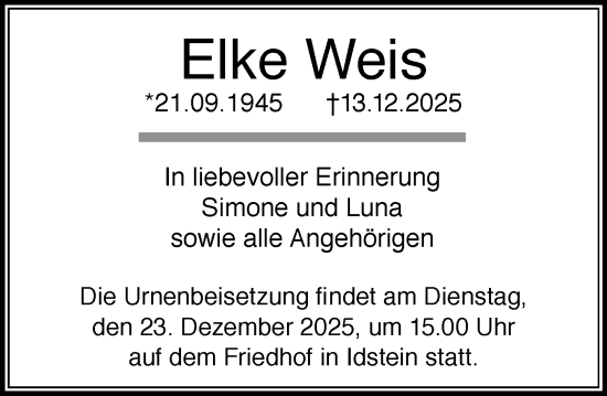 Traueranzeige von Elke Weis von Idsteiner Land/Untertaunus