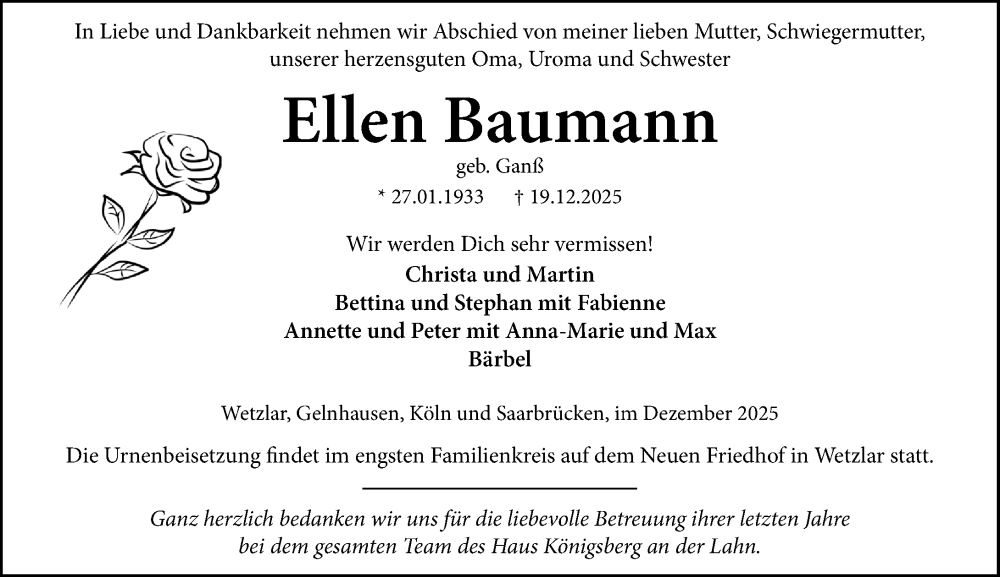  Traueranzeige für Ellen Baumann vom 27.12.2025 aus Wetzlarer Neue Zeitung