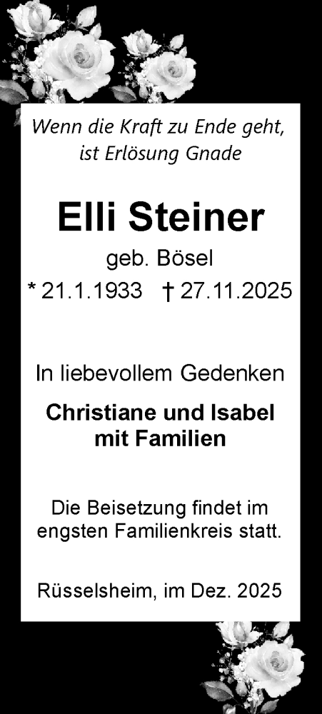 Traueranzeige von Elli Steiner von Rüsselsheimer Echo