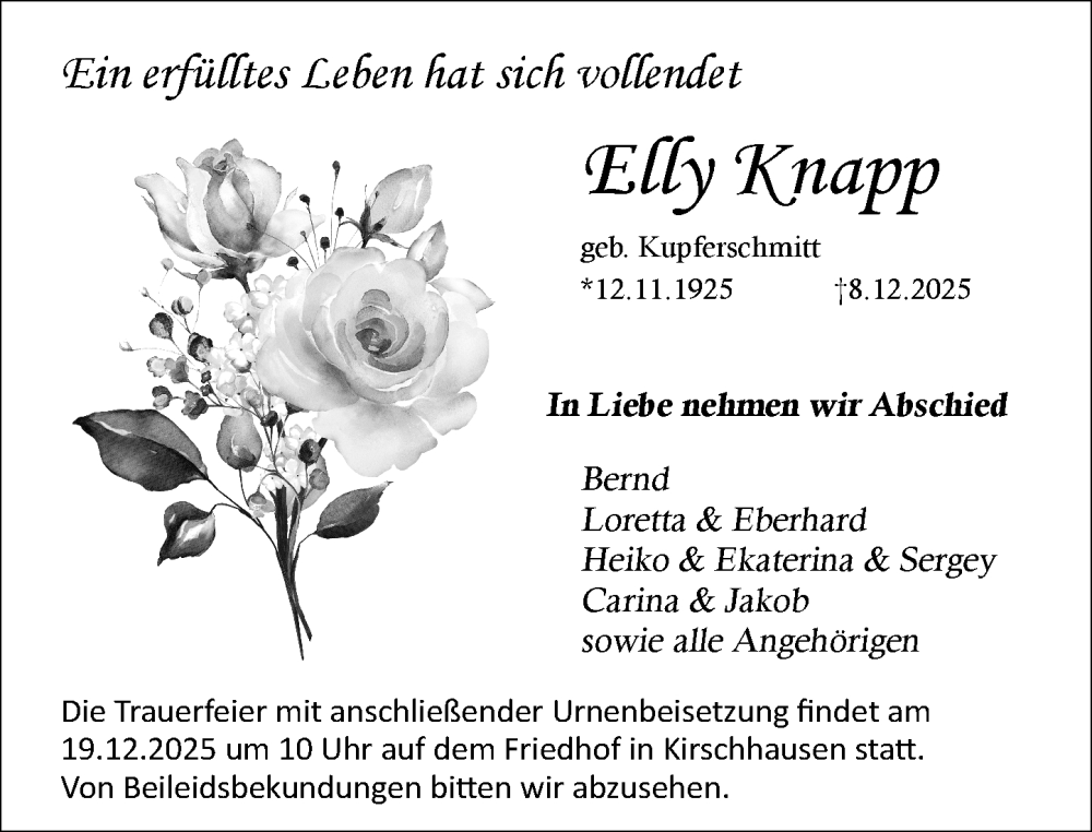  Traueranzeige für Elly Knapp vom 13.12.2025 aus Starkenburger Echo