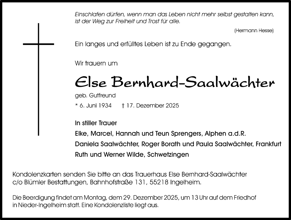  Traueranzeige für Else Bernhard-Saalwächter vom 20.12.2025 aus Allgemeine Zeitung Rheinhessen-Nahe