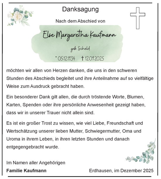 Traueranzeige von Else Margaretha Kaufmann von Hinterländer Anzeiger
