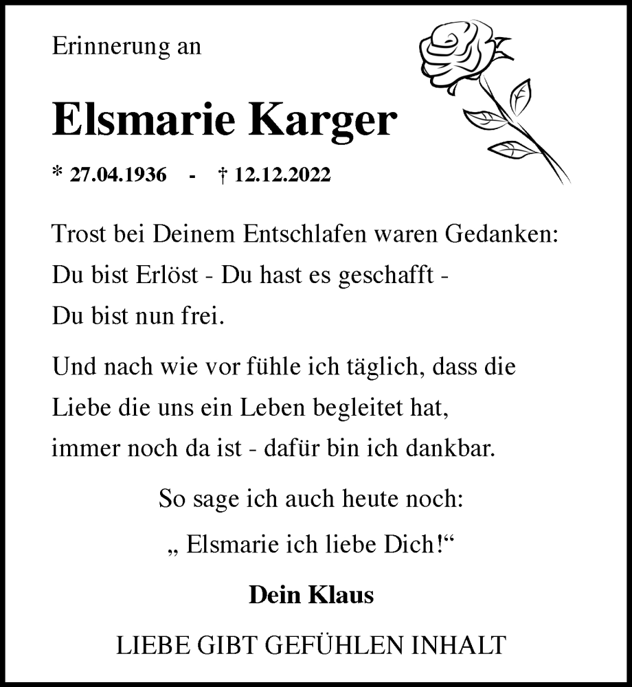  Traueranzeige für Elsmarie Karger vom 12.12.2025 aus Rheingau Kurier