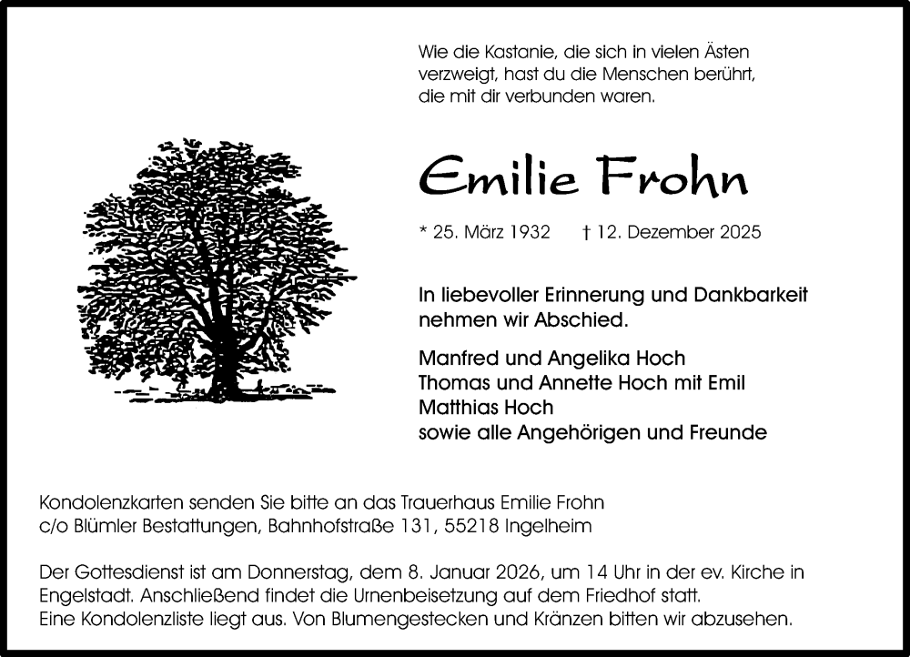  Traueranzeige für Emilie Frohn vom 20.12.2025 aus Allgemeine Zeitung Rheinhessen-Nahe