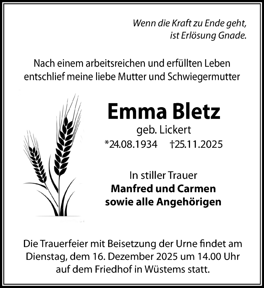  Traueranzeige für Emma Bletz vom 04.12.2025 aus Camberger Anzeiger
