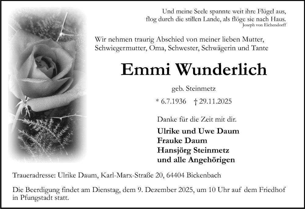  Traueranzeige für Emmi Wunderlich vom 06.12.2025 aus Darmstädter Echo