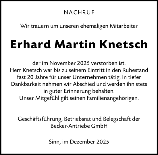 Traueranzeige von Erhard Martin Knetsch von Dill Block