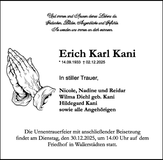 Traueranzeige von Erich Karl Kani von Groß-Gerauer Echo
